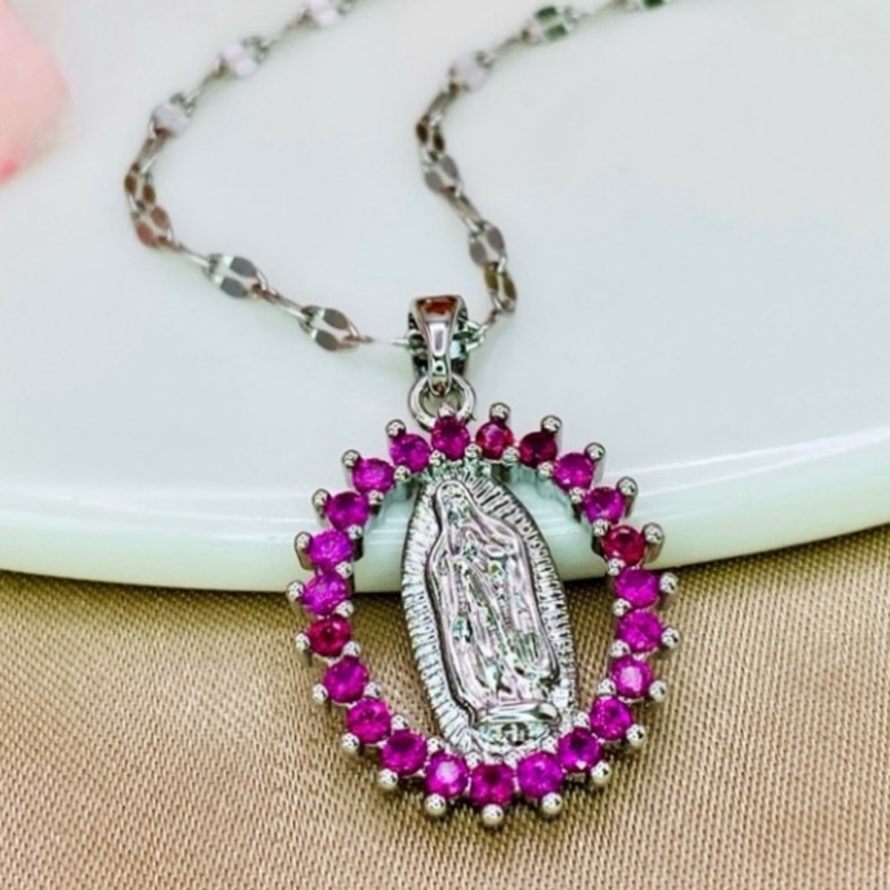 Beautiful Virgin Mary Pink Garnet CZ Pendant Dainty Chain Necklace in Silver